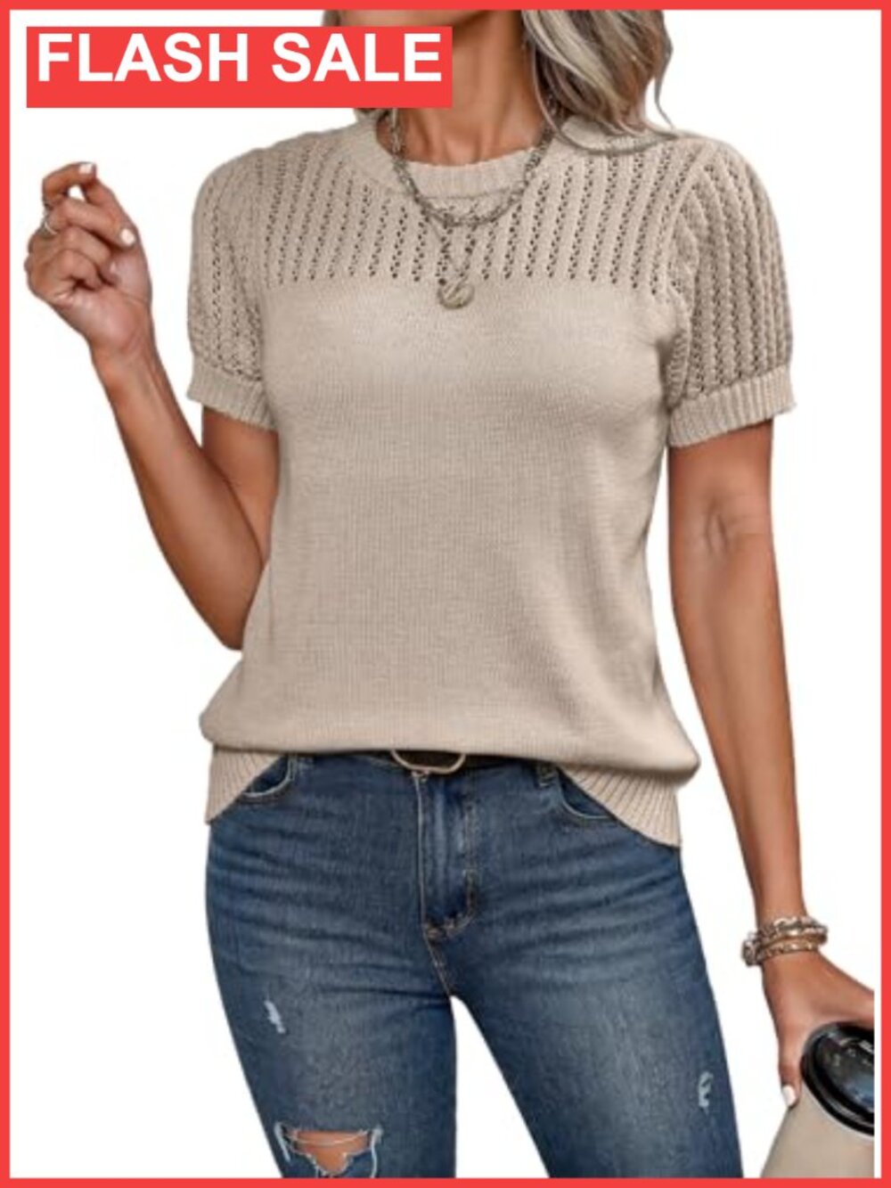 Womens Hollow Out Knit Short Sleeve Crewneck Pullover Sweater Top